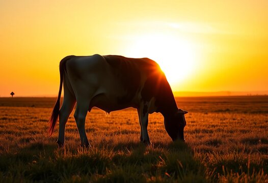 Silhouetted cow grazing in vibrant golden sunset, vast field , wildlife, golden light - Powered by Adobe