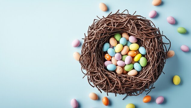 A rustic nest of colorful Easter eggs rests against a light blue background, welcoming spring
