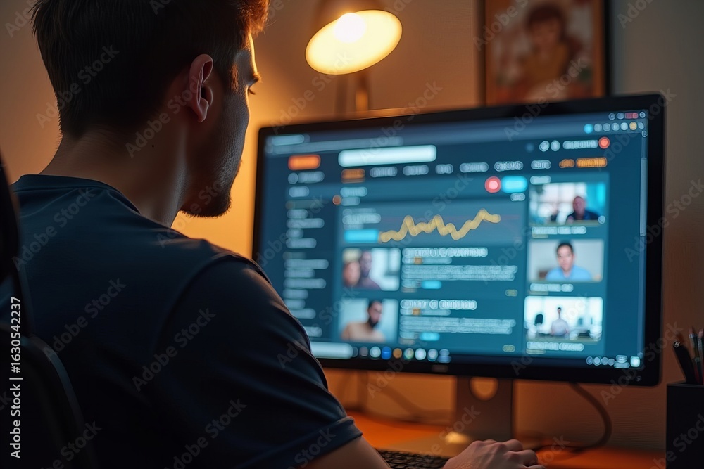 Poster man browsing the news on a computer screen