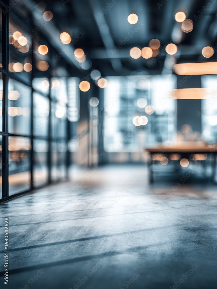 Aufkleber blurred empty open space office design background with abstract light bokeh at office interior