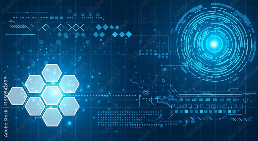 Poster futuristic blue tech background with hexagon shape and glowing elements