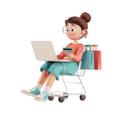 Online shopping illustration with a person using laptop.