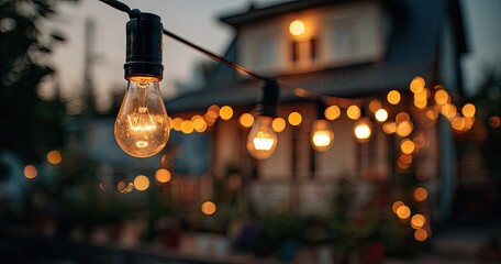 Outdoor string lights illuminating a house at dusk.  Soft focus on a vintage-style bulb, while other lights and the house are blurred.  Warm, golden light