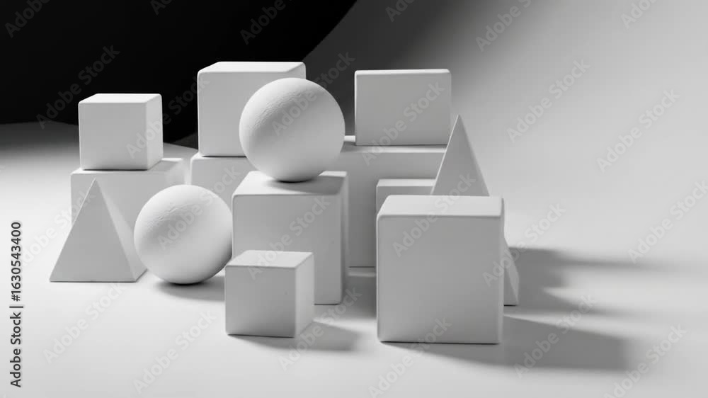 Poster geometric composition of white geometric solids including spheres pyramids cubes and rectangular pri