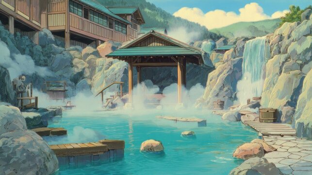 Anime background Restorative hot springs bathhouse geothermal pools bubble comfortingly steam rising invitingly