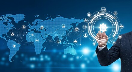 Global network technology concept with business person touching interface