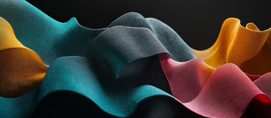 Colorful layers of fabric ripple and twist, showcasing rich textures against a dark backdrop