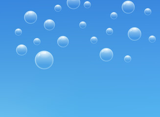 Transparent Soap Bubbles Floating on Blue Sky Background, Blue Gradient Background with Floating Shiny Bubbles