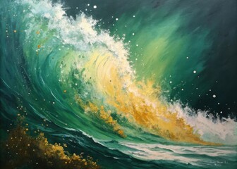 Dramatic ocean wave crashing with sunlight breaking through