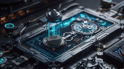 Fototapeta premium Futuristic sandglass constructed with code and transparent gears, symbolizing AI enhanced time tracking, 2025 trend