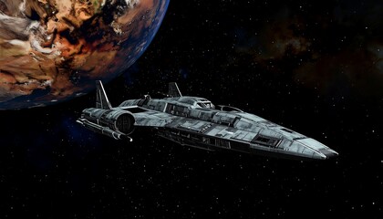 Spaceship orbiting a desert planet in space