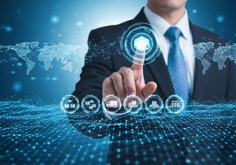 Businessman selecting global supply chain management logistics and delivery options