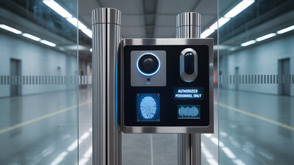 Advanced Access Control: Futuristic security gate equipped with biometric scanning and facial recognition in a sleek, modern setting.