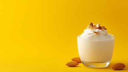 A creamy dessert in a glass topped with crunchy almonds on a sunny yellow backdrop