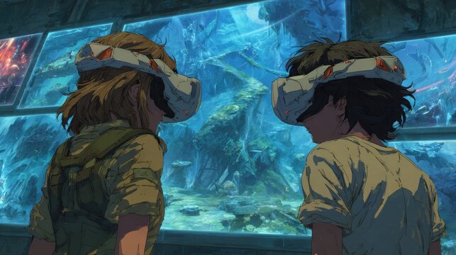 Anime background Futuristic virtual reality gaming hub avatars engaging battles realistically feedback suits vibrating sensitively