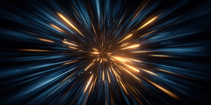 Abstract radial burst of glowing lines in dark blue and gold - Powered by Adobe