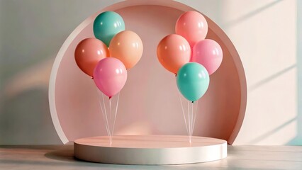Vibrant pastel balloons float gracefully in a chic modern studio setup, perfect for celebrations and festive events.