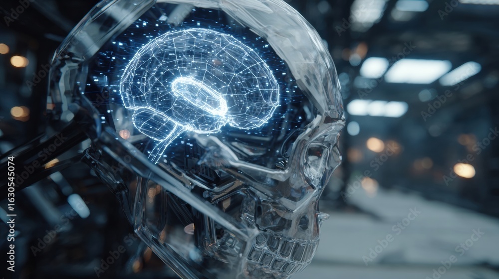 Poster futuristic skull model showcasing a digital brain with glowing neural connections in a high-tech lab