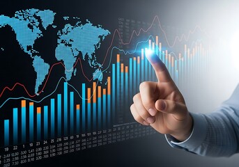 Business analytics showing financial data and world map visualization