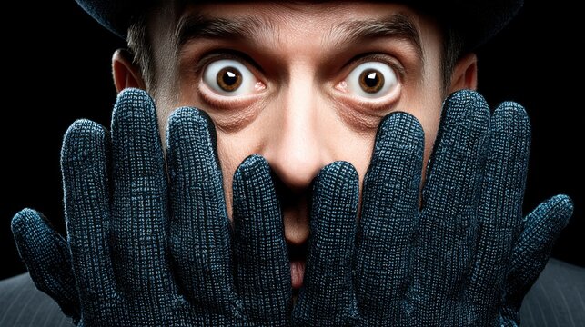 A man with wide eyes wearing dark gloves covers his mouth in surprise or shock