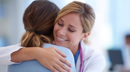 A healthcare professional embraces a patient warmly in a modern medical setting. The interaction is filled with compassion and support, fostering a sense of trust and care.
