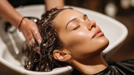 A woman relaxes in a salon chair as a stylist washes her hair, creating a soothing atmosphere. The lighting highlights the tranquil experience and care taken in the treatment.