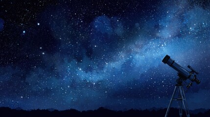 A telescope is pointed towards the night sky, revealing a stunning display of stars and the Milky Way. The tranquil countryside adds to the serene atmosphere of stargazing.