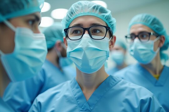 Hospital Doctor Group Wearing FFP2 Face Masks in Medical Healthcare Setting