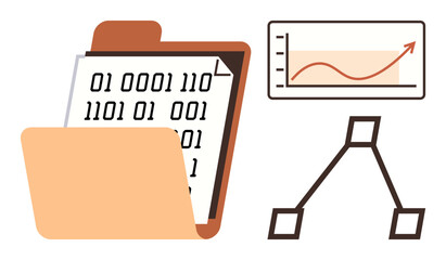 Binary code displayed on document in folder alongside growth chart and flowchart structure. Ideal for data analysis, programming, file organization, business growth, coding, project management