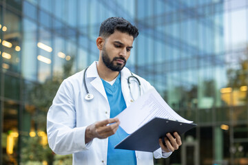 A doctor in a white coat reviews medical documents outside a modern glass building. He appears focused and professional, holding a clipboard.