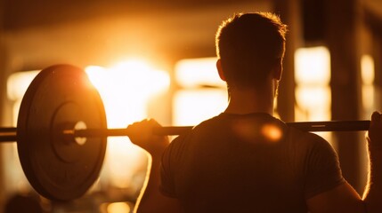 A man performs a weightlifting exercise in a gym as the sun sets in the background. The warm light casts a dramatic silhouette, enhancing the intensity of the workout.