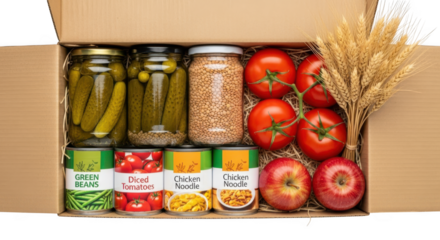 Food pantry staples in a cardboard box isolated on transparent background