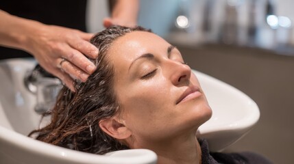 Customer relaxes in a salon while receiving a hair wash and scalp massage. The stylist gently applies shampoo, creating a calming atmosphere for pampering.