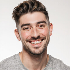 Fototapeta premium Radiant Confidence: A portrait of a friendly, handsome man, his face lit up with a warm, genuine smile, showcasing healthy teeth and a relaxed, approachable demeanor.