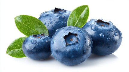 Clusters of fresh blueberries glisten with water droplets, surrounded by vibrant green leaves. This colorful arrangement highlights their natural ripeness, ideal for snacking or recipes.