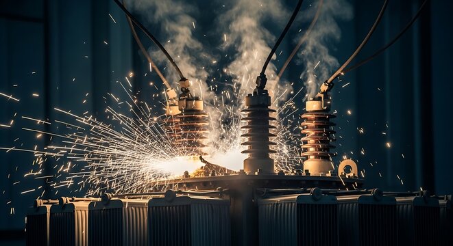Sparks fly as high-voltage electrical equipment is worked on.