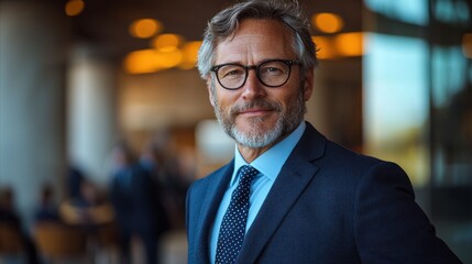 Man in suit and glasses smiles in a modern interior setting.