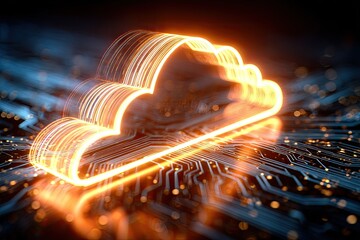 Glowing cloud icon on circuit board