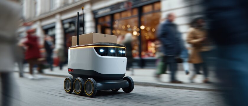 An automated delivery robot navigating a bustling city sidewalk, efficient urban logistics. Convenience, future mobility. Clean, dynamic.