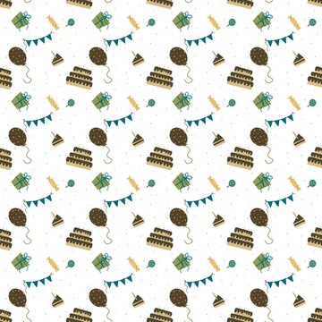  Pattern with festive elements: cake, gifts, decorations, candies. White background. Can be used for different holidays.