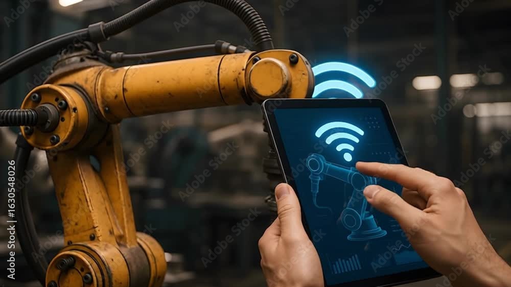 Aufkleber a hand operating a tablet to control a factory robot arm.
