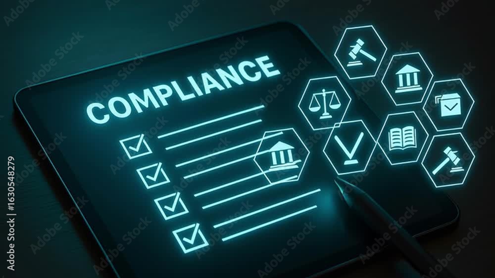 Poster a digital device displays a list of compliance checks, with several icons representing rules, laws, 