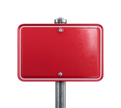 Blank red sign on metal post urban environment graphic design concept isolated on transparent background, png