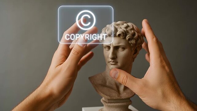 Hands displaying copyright symbol in front of antique statue. 