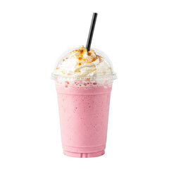 Pink strawberry milkshake with whipped cream and caramel drizzle isolated on transparent background