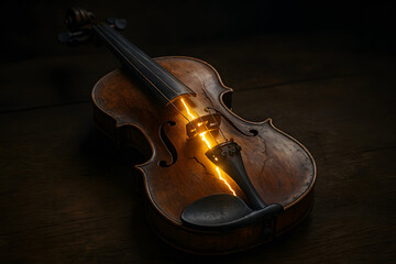 Fototapeta premium Musical Luminescence: A classical violin, illuminated from within, radiates a warm, ethereal glow, symbolizing the creative spark and passion of music.