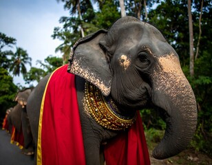 Elephants in procession, adorned with red cloths and golden jewelry
