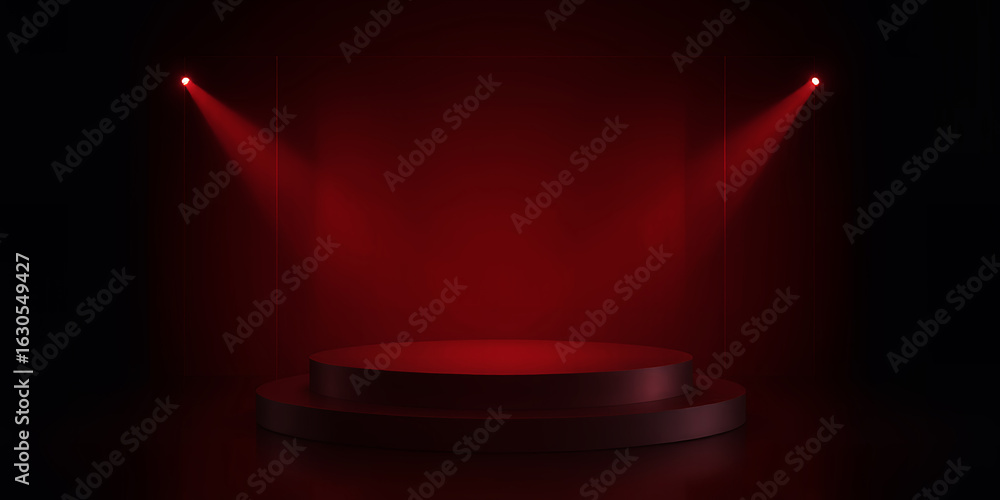 Poster a stage illuminated by two red spotlights with a two tier platform in a dark setting