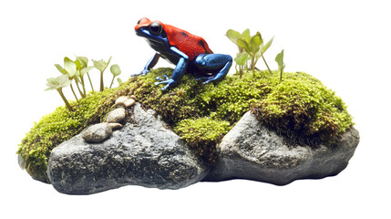 Stunning poison dart frog perched on vibrant mossy rock, a symbol of exotic wildlife beauty isolated on white background 