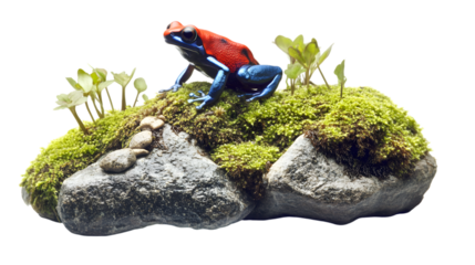 Stunning poison dart frog perched on vibrant mossy rock, a symbol of exotic wildlife beauty isolated on white background 